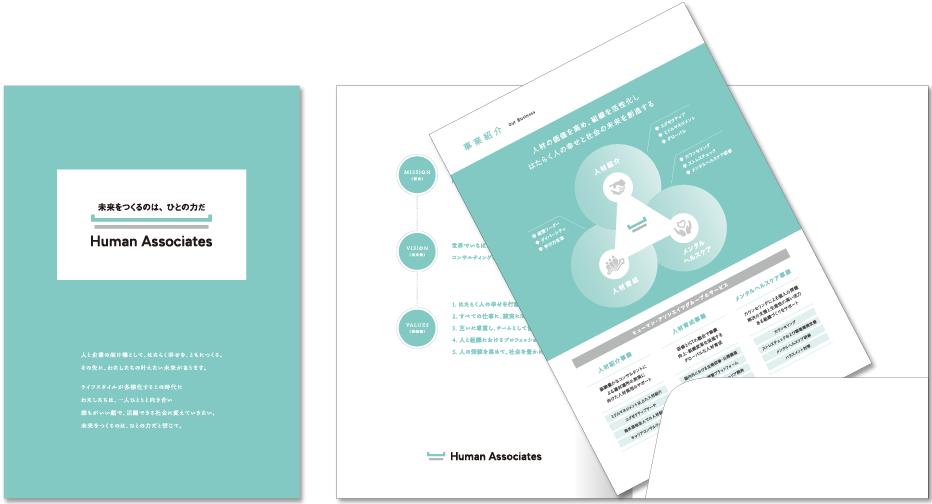 ヒューマン・アソシエイツ・ホールディングス様 会社案内デザイン実績 センター折りポケット付き 4ページ＋ペラ1種