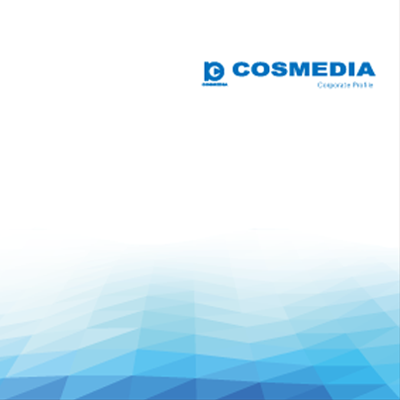 株式会社コスメディア 様 会社案内制作実績：コスメディア会社案内の表紙：青のグラデーションとロゴ