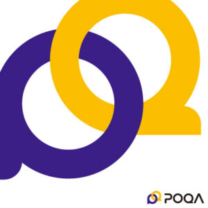 株式会社POQA 様 会社案内制作実績：株式会社POQA 会社案内表紙：イエローとパープルのグラデーション背景に浮かぶ企業ロゴ